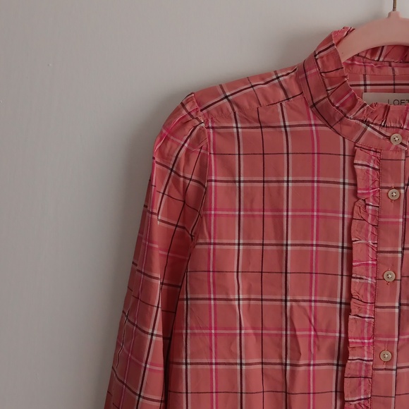 Loft Plaid Ruffle Mock Neck Button Front Shirt #1651 - Picture 2 of 8